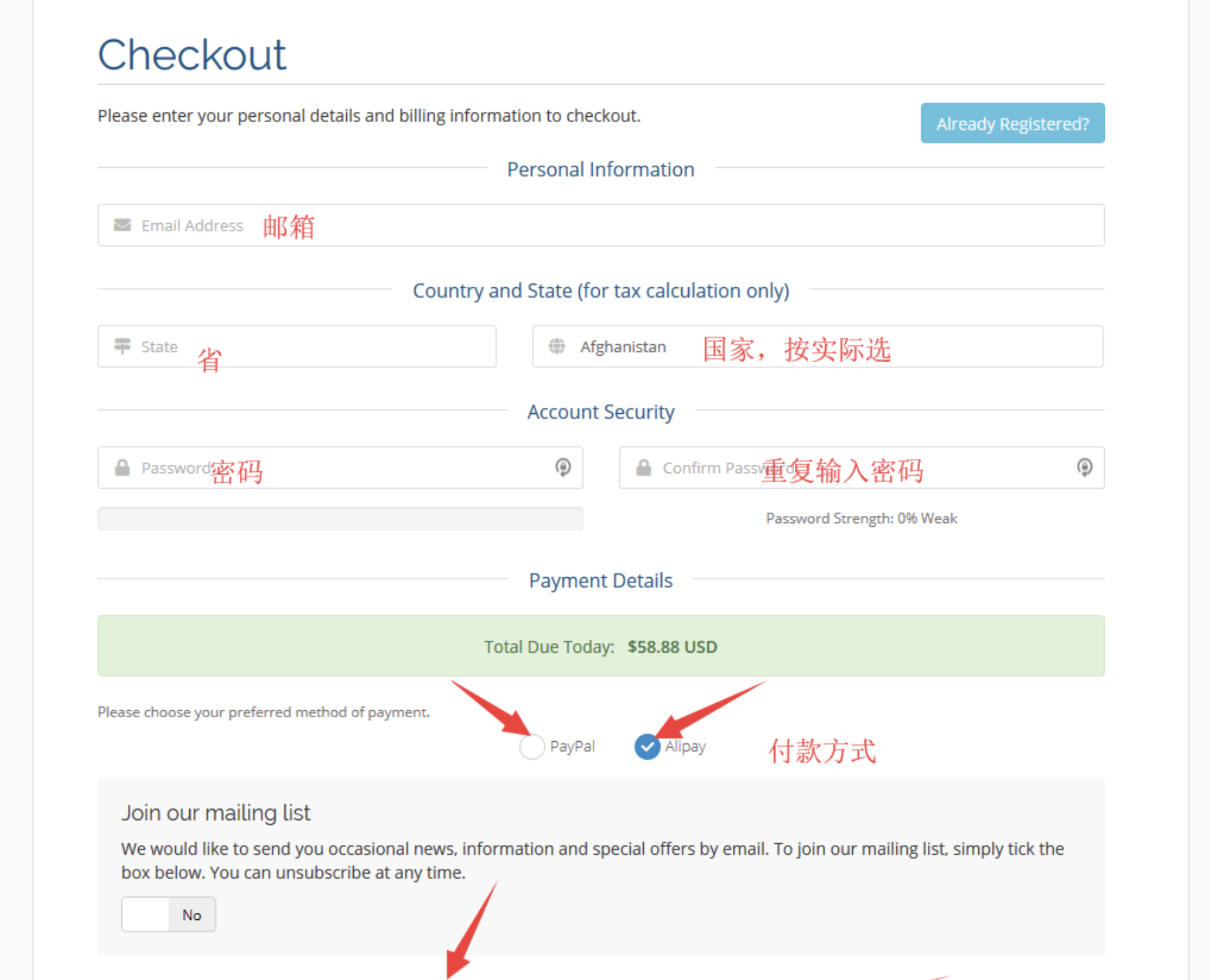 Checkout 注册填写示意:邮箱、省份、国家与密码的位置