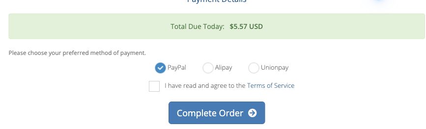 JMS 结算页提供 PayPal、Alipay 和 Unionpay,提交按钮为 Complete Order